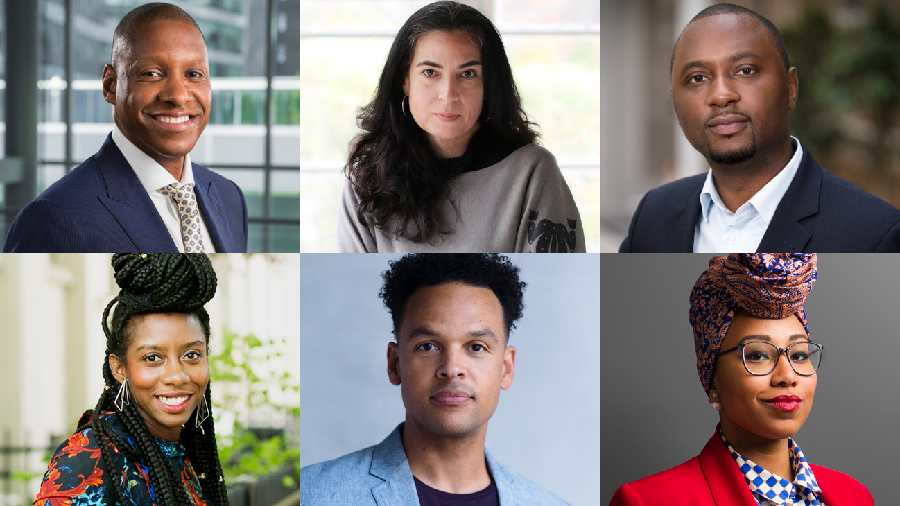 Headshots of Masai Ujiri, Tanya Talaga, Lekan Olawoye, Dr. Hadiya Roderique, Anthony McLean, and Yassmin Abdel-Magied