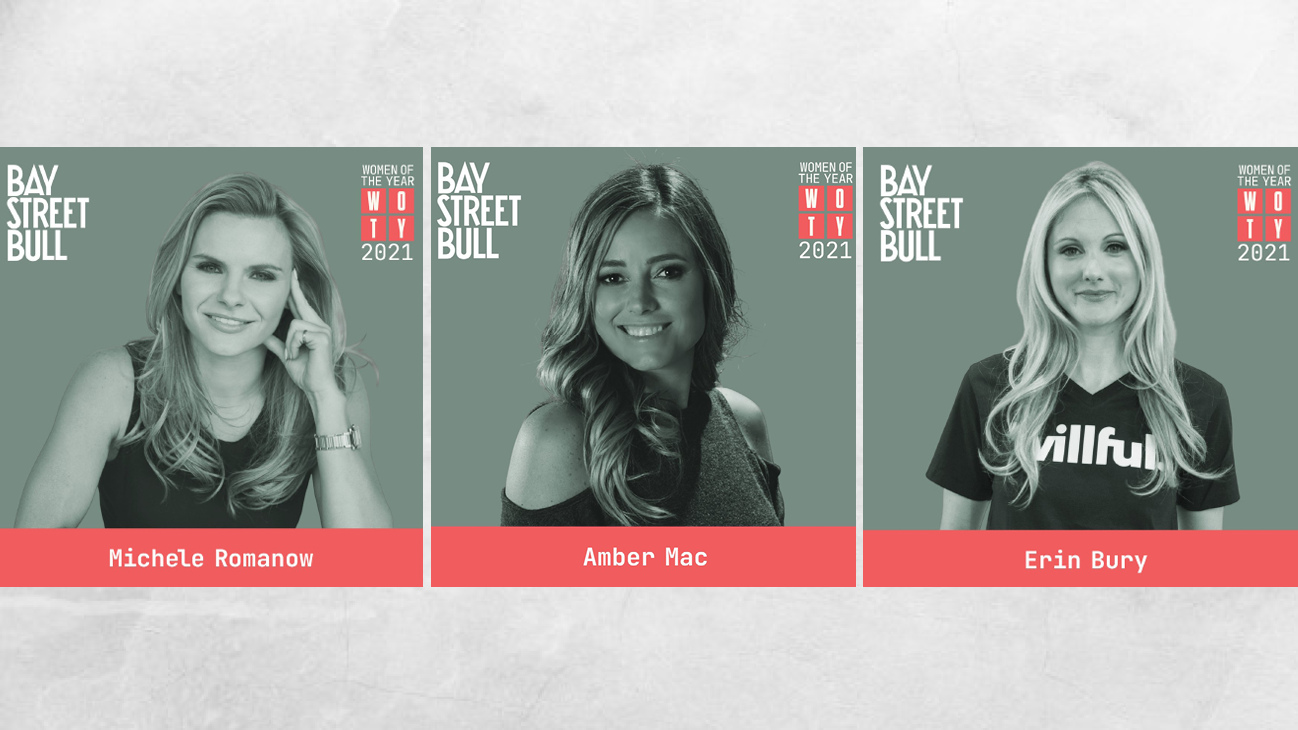 Headshots of Bay Street Bull's Women of the Year 2021: Michele Romanow, Amber Mac, and Erin Bury