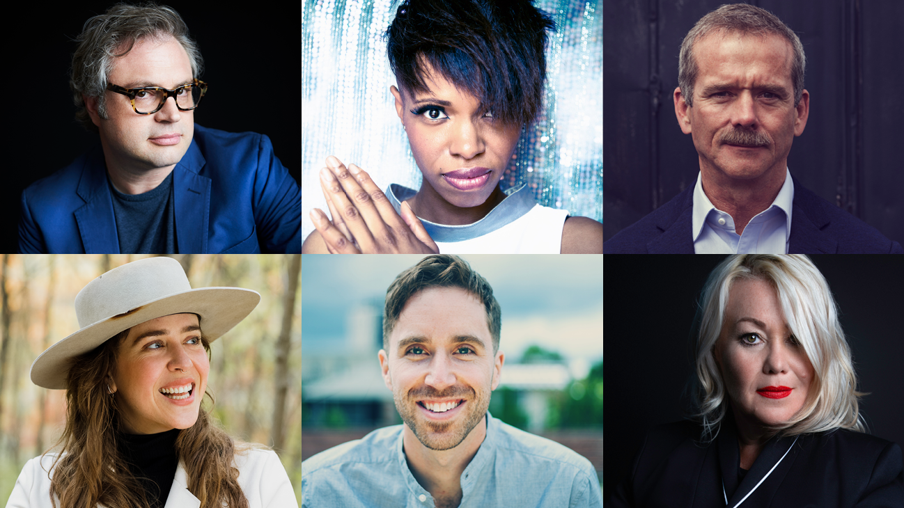 Headshots of Steven Page, Kellylee Evans, Chris Hadfield, Serena Ryder, Peter Katz, and Jann Arden