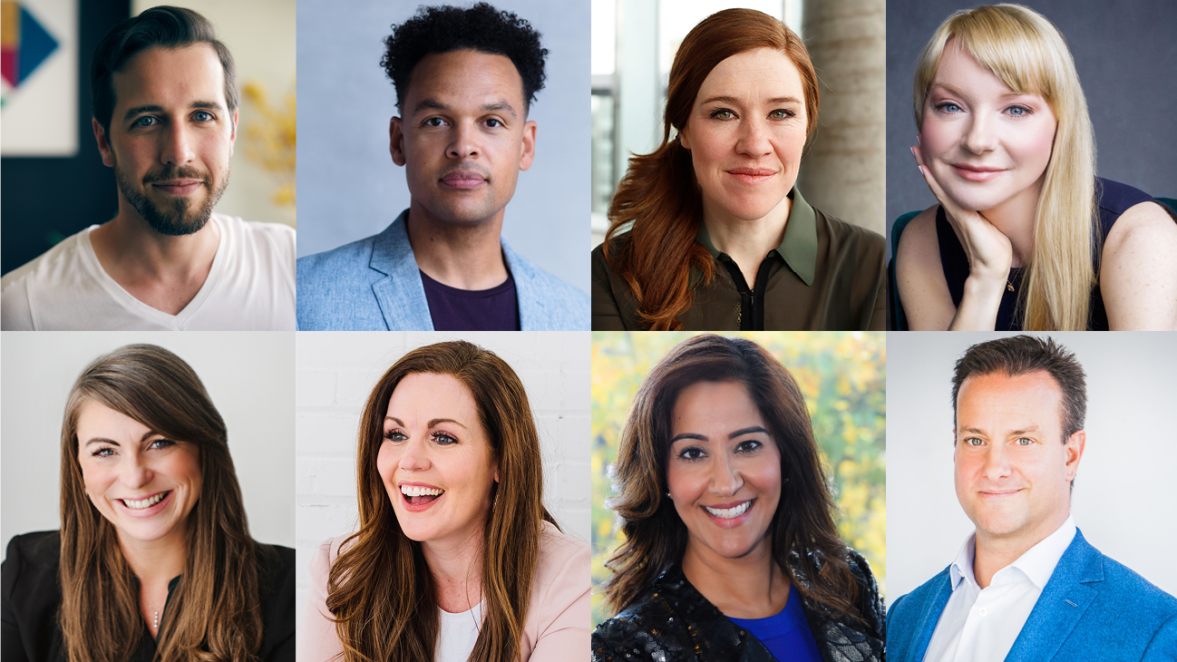 Headshots of Mark Henick, Anthony McLean, Clara Hughes, Jessica Holmes, Jennifer MOss, Dr. Robyne Hanley-Dafoe, Dr. Shimi Kang, Dr. Greg Wells