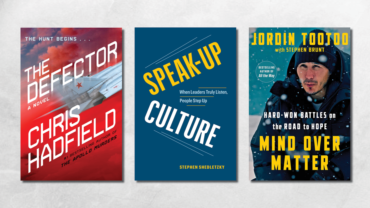Book covers of The Defector, Speak-Up Culture, and Mind Over Matter