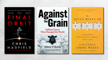 Covers of the books, Final Orbit by Chris Hadfield, Against the Grain by Terry O'Reilly, and The Seven Rules of Trust by Dan Gardner